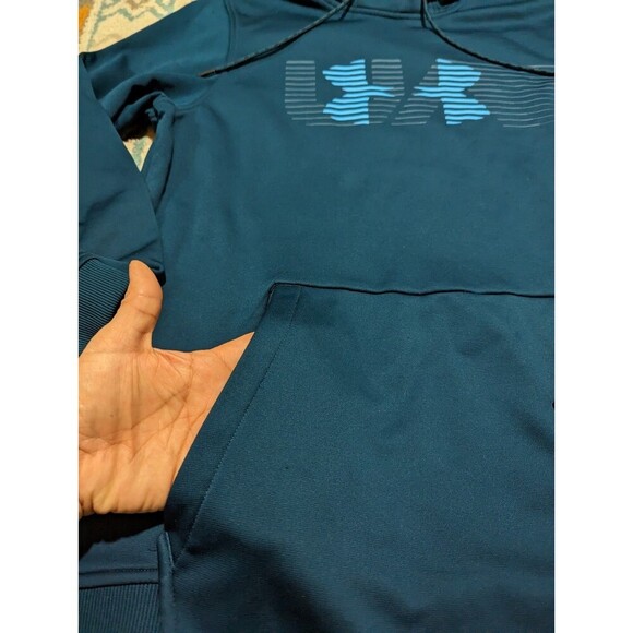 Under Armour Men's Loose Medium Blue Teal Cold Gear Hoodie Pullover Sweatshirt - Picture 3 of 5